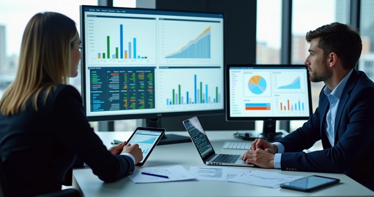 Equipe financeira analisando relatórios de cobrança em telas grandes 