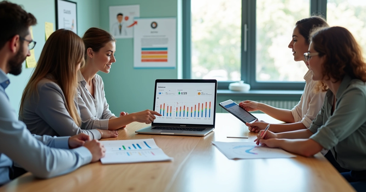 Equipe financeira de pequena empresa usando plataforma online de cobrança em mesa de reunião 