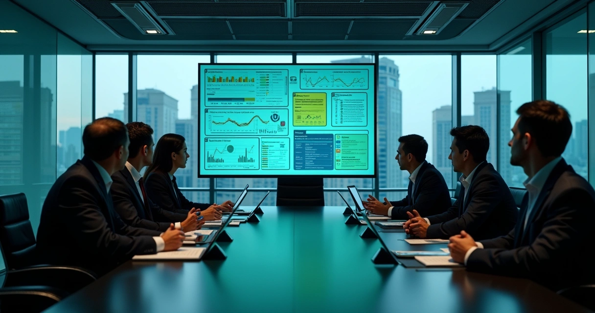 Equipe em reunião com painéis de dados financeiros e indicadores ESG 