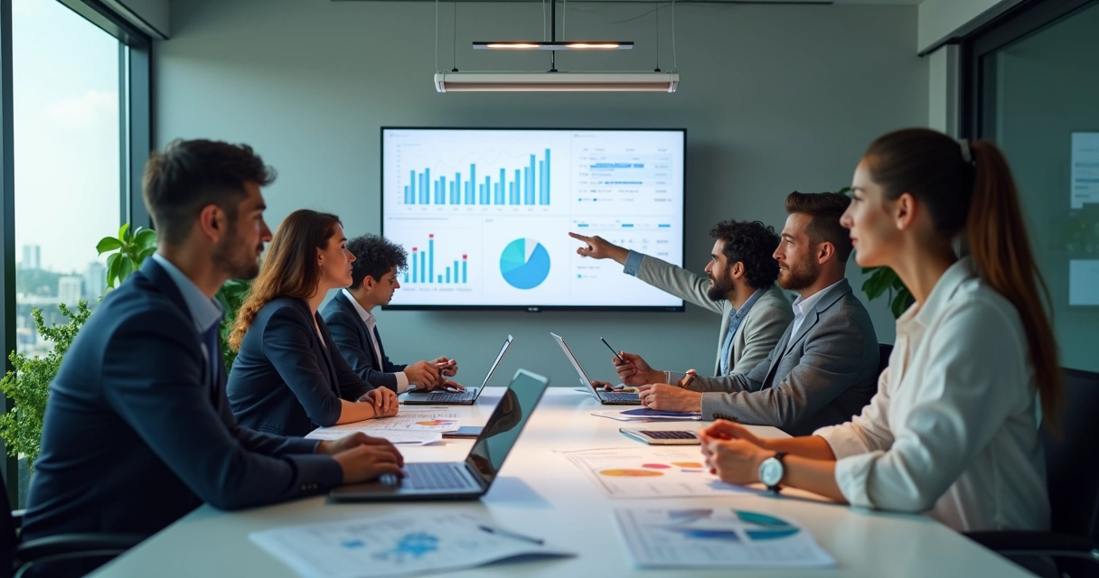 Equipe financeira reunida analisando relatórios 