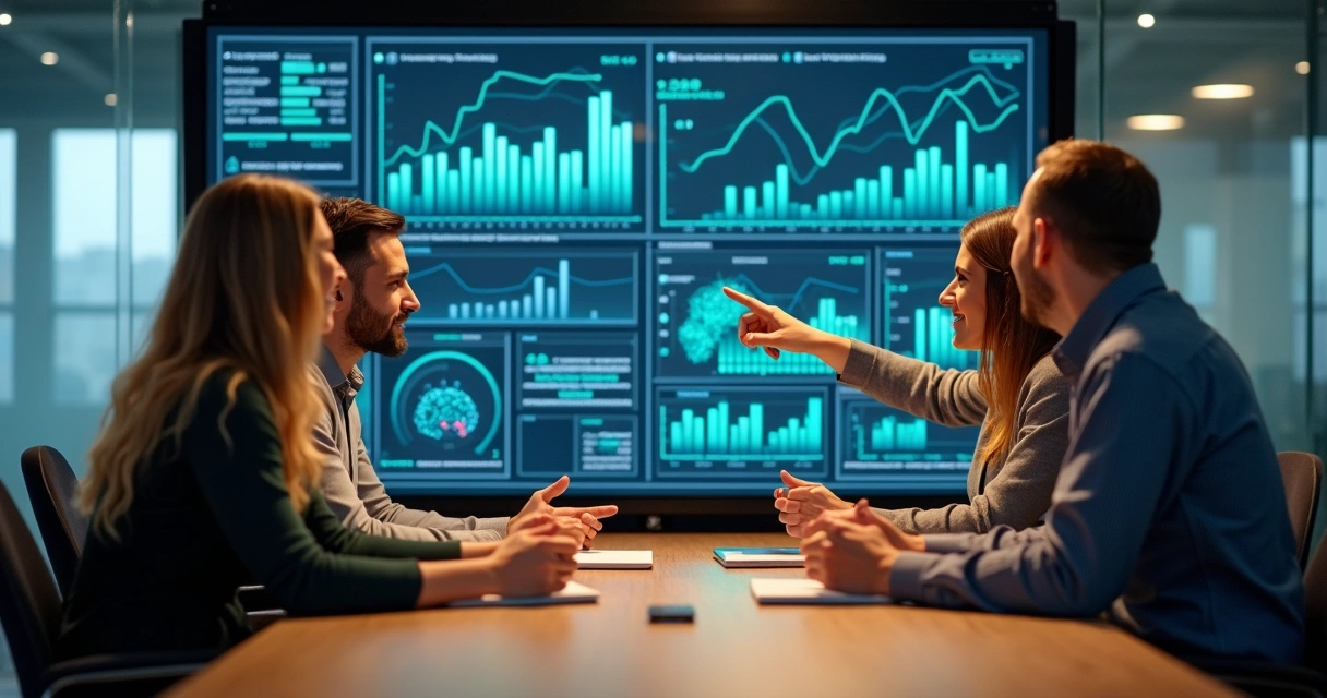 Equipe reunida ao redor de uma mesa analisando gráficos financeiros em tela grande 