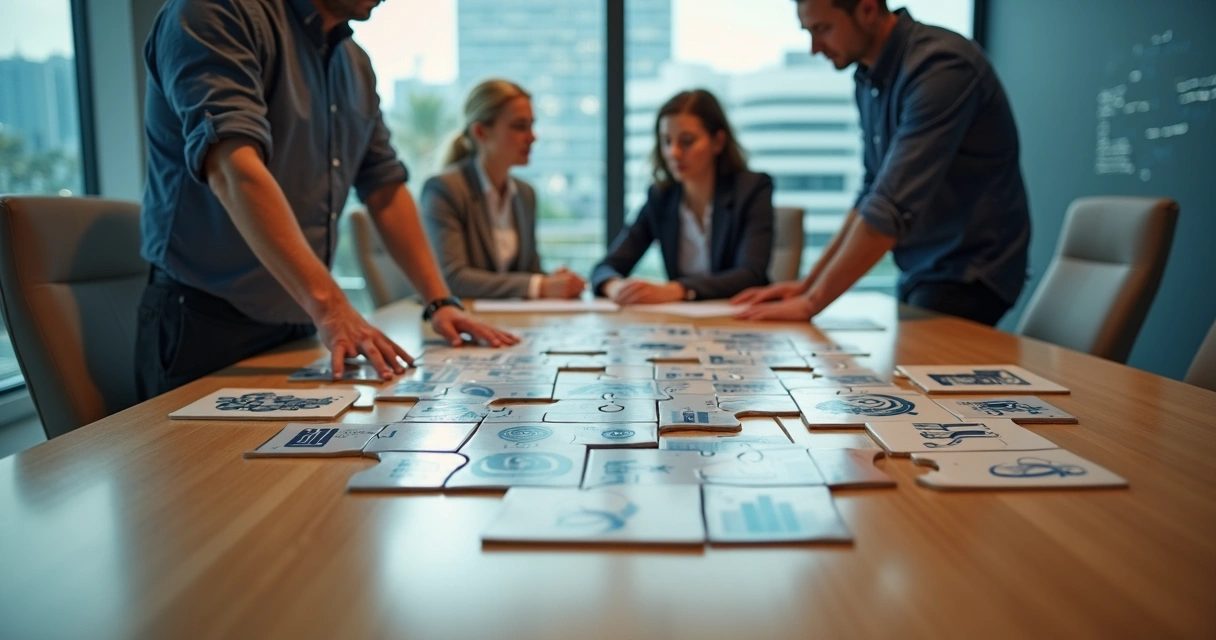 Equipe de finanças montando peças de puzzle em formato de ícones de software financeiro 