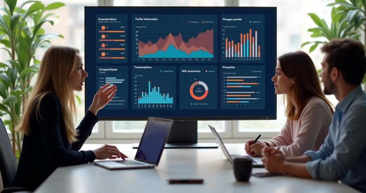 Equipe financeira reunida analisando dados de cobrança em dashboards digitais 