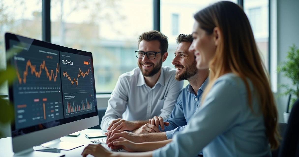 Equipe financeira analisando resultados positivos em computadores 