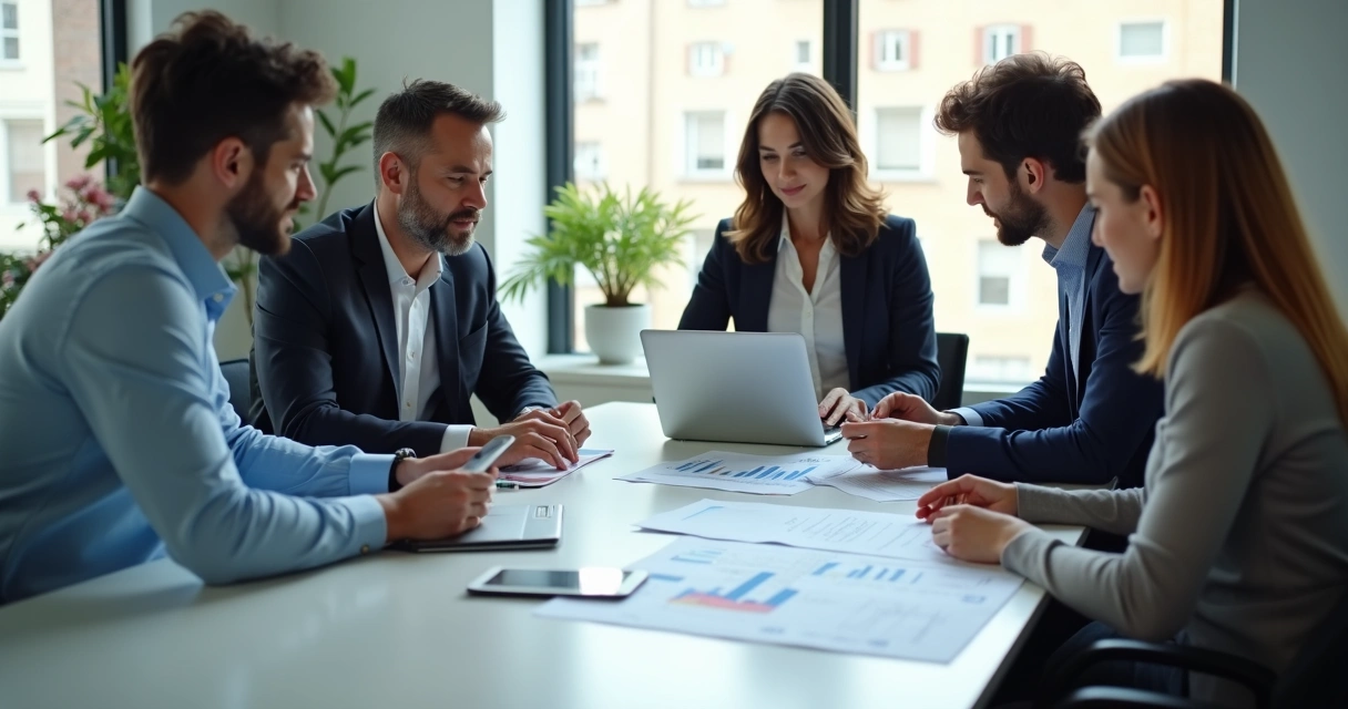 Equipe de financeiro e comercial alinhando plano em sala de reunião 