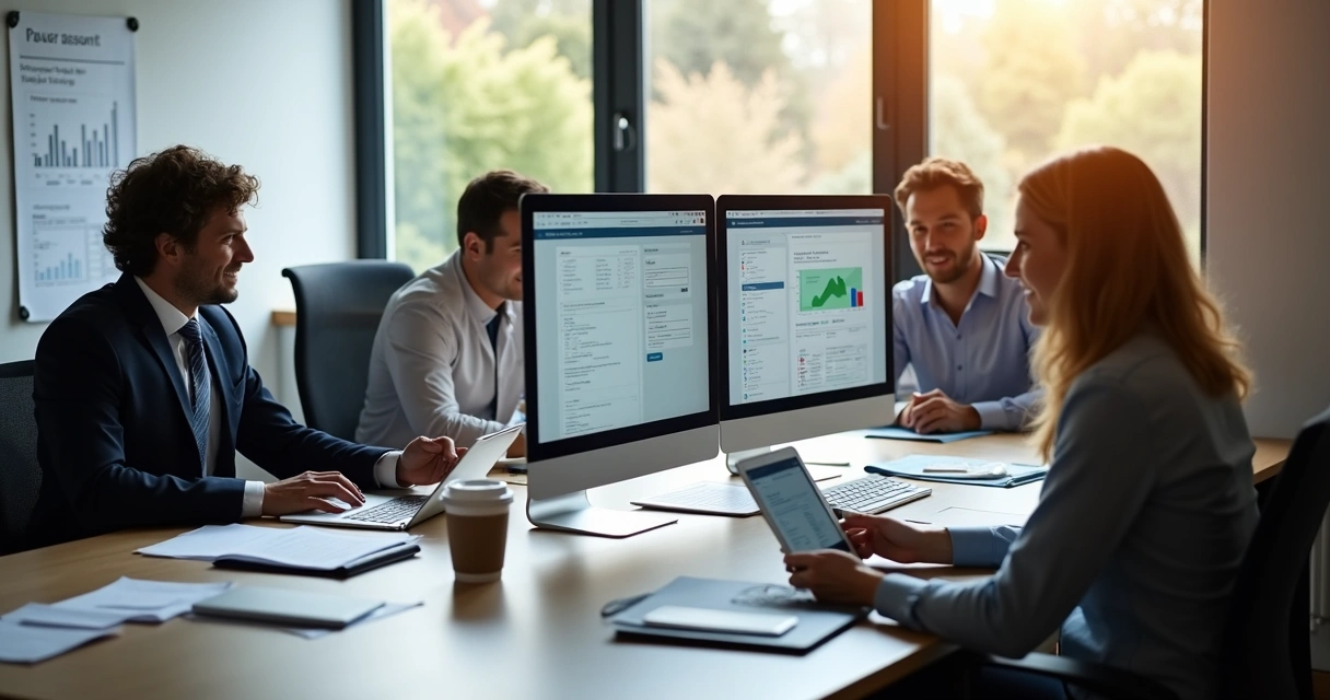 Equipe de gestão fiscal revisando parametrizações de IBS e CBS em computadores