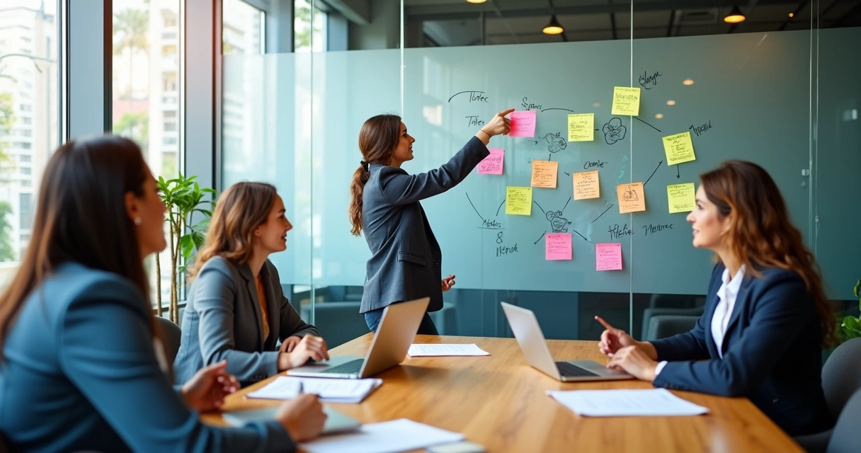 Equipe fiscal reunida em mesa com post-its coloridos planejando inovação tecnológica 