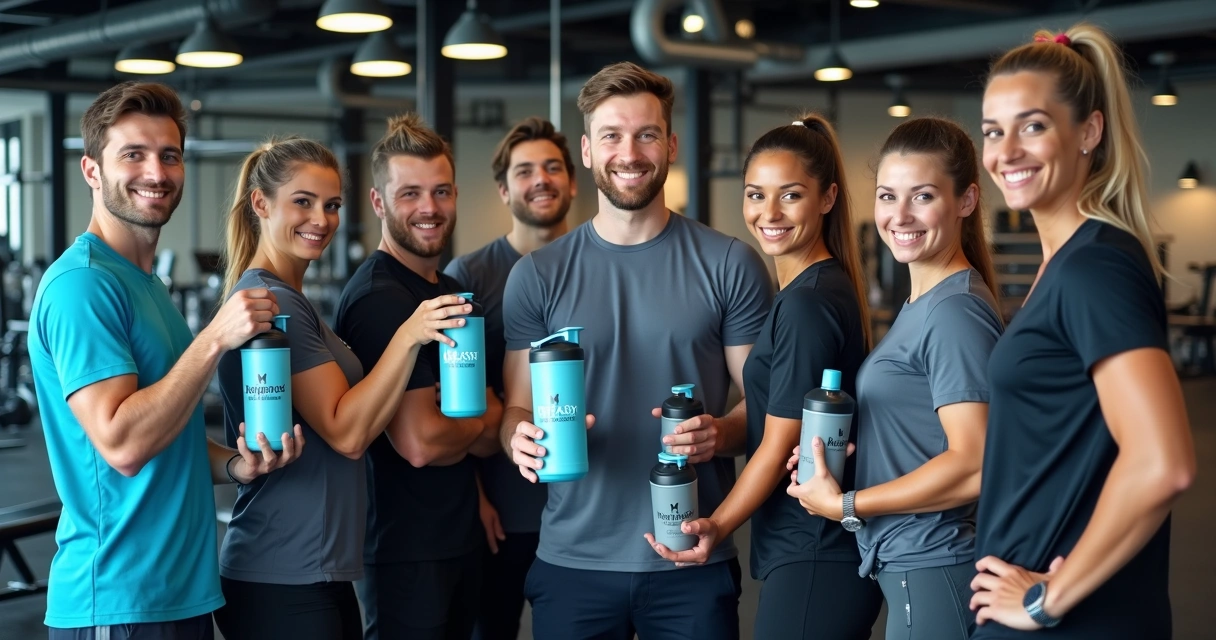 Equipe fitness com garrafas e coqueteleiras personalizadas 