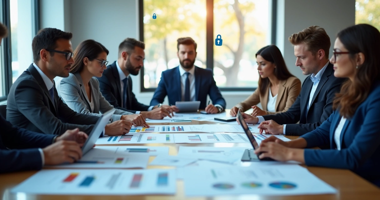 Time reunido em mesa oval analisando gráficos e dispositivos, focados em prevenção de fraude digital