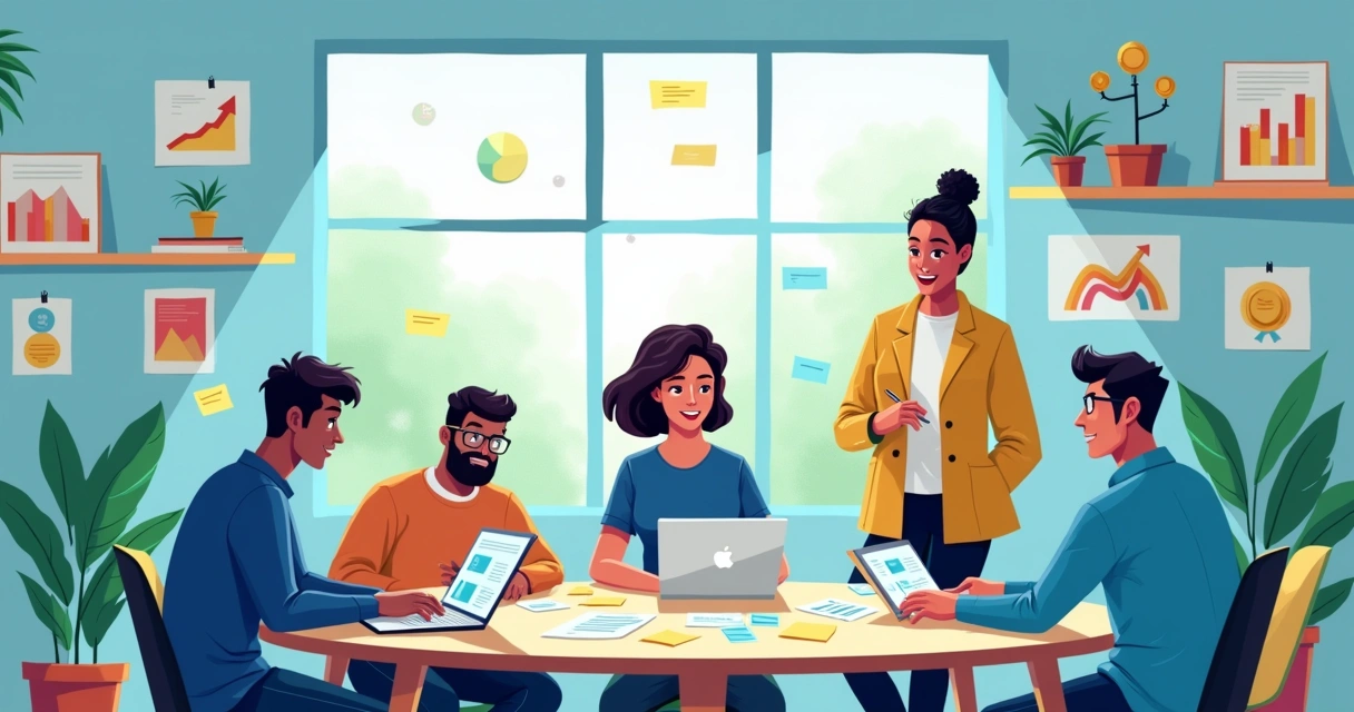 Equipe diversificada colaborando em um escritório moderno e motivacional.
