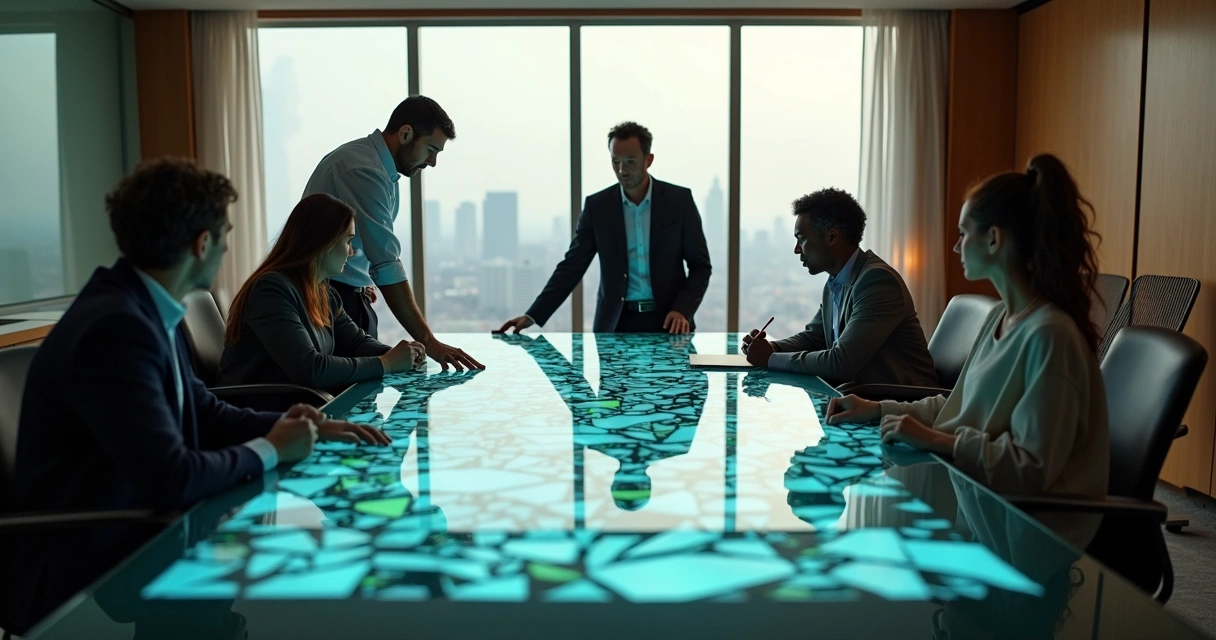 Equipe ao redor de mesa com projeções fragmentadas sendo reorganizadas 