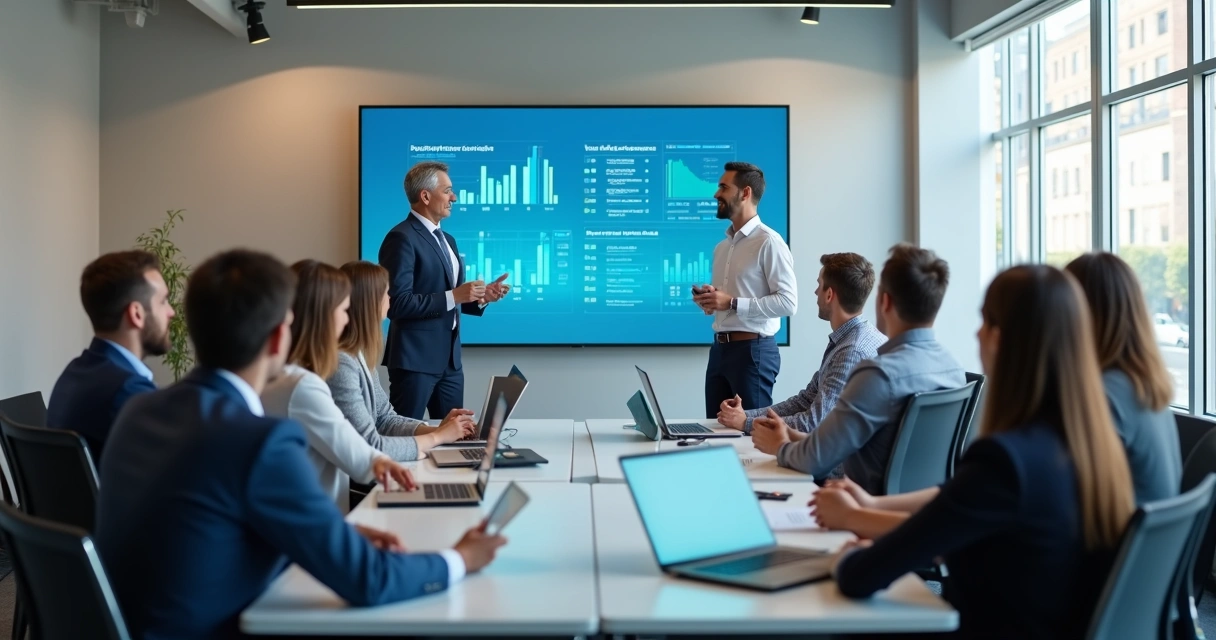 Equipe de vendas de franquia reunida em sala de treinamento local 