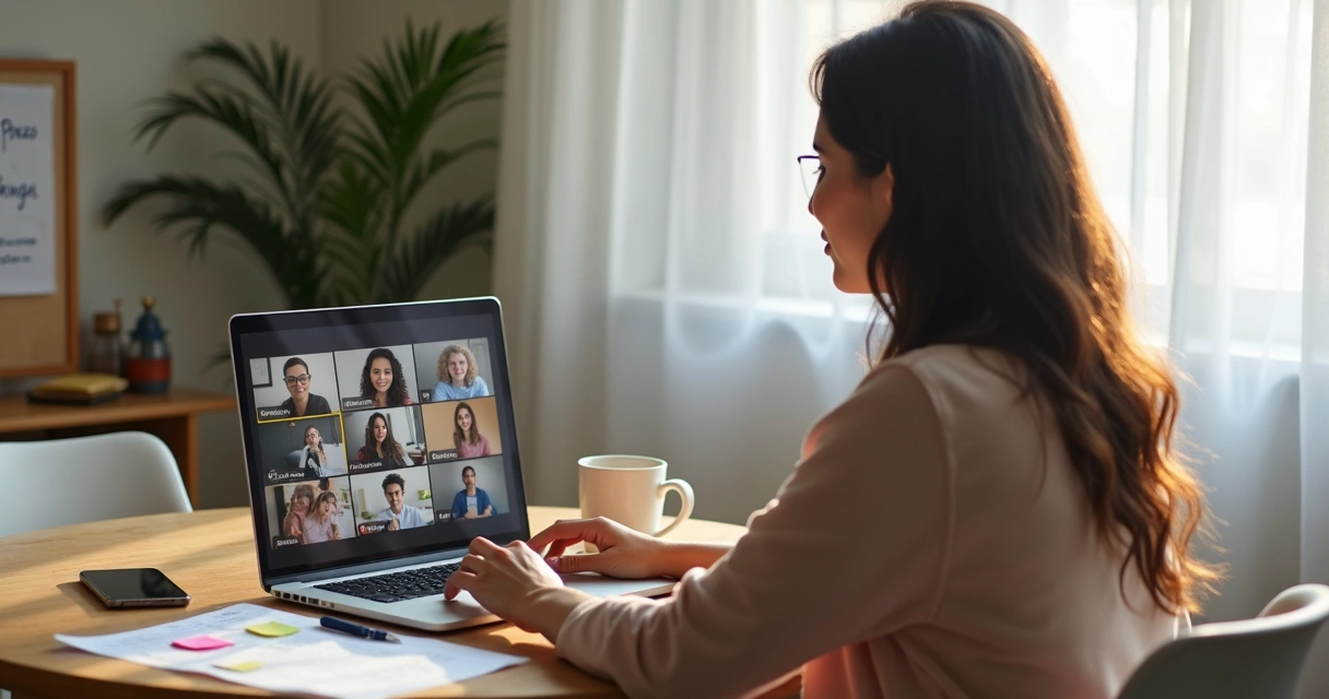 Mulher empreendedora coordenando reunião online com equipe de freelancers no notebook 