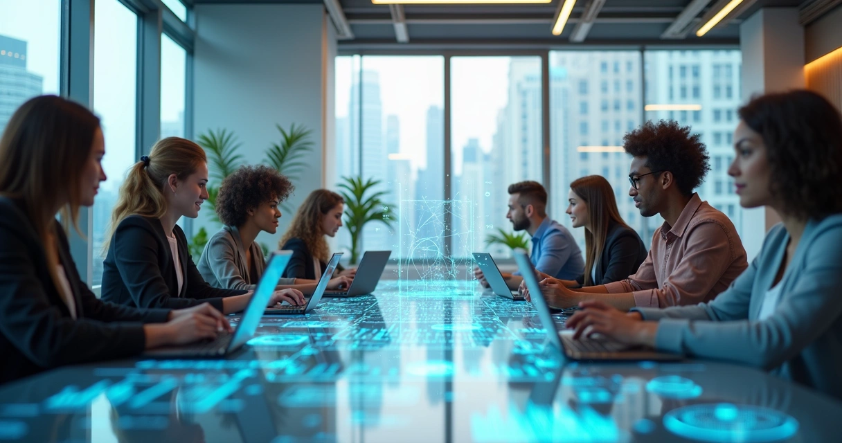 Equipe diversa colaborando em ambiente de trabalho moderno com telas digitais e gráficos holográficos 