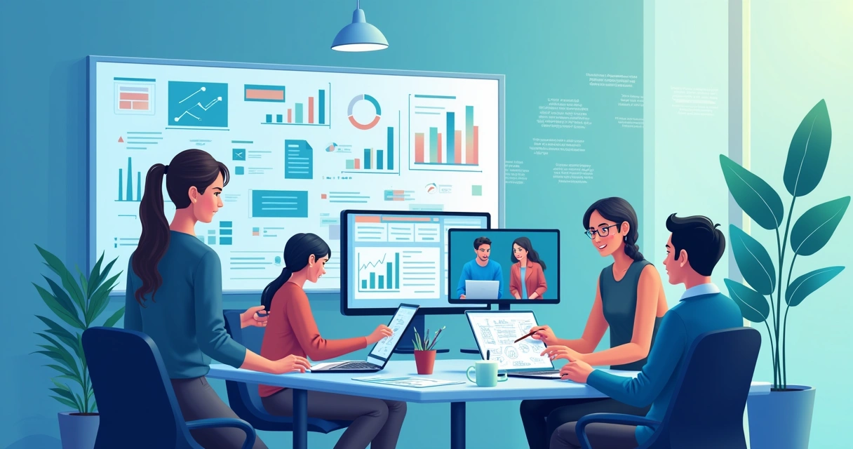Uma equipe moderna de gabinete online trabalhando em um espaço digital com tecnologia e colaboração.