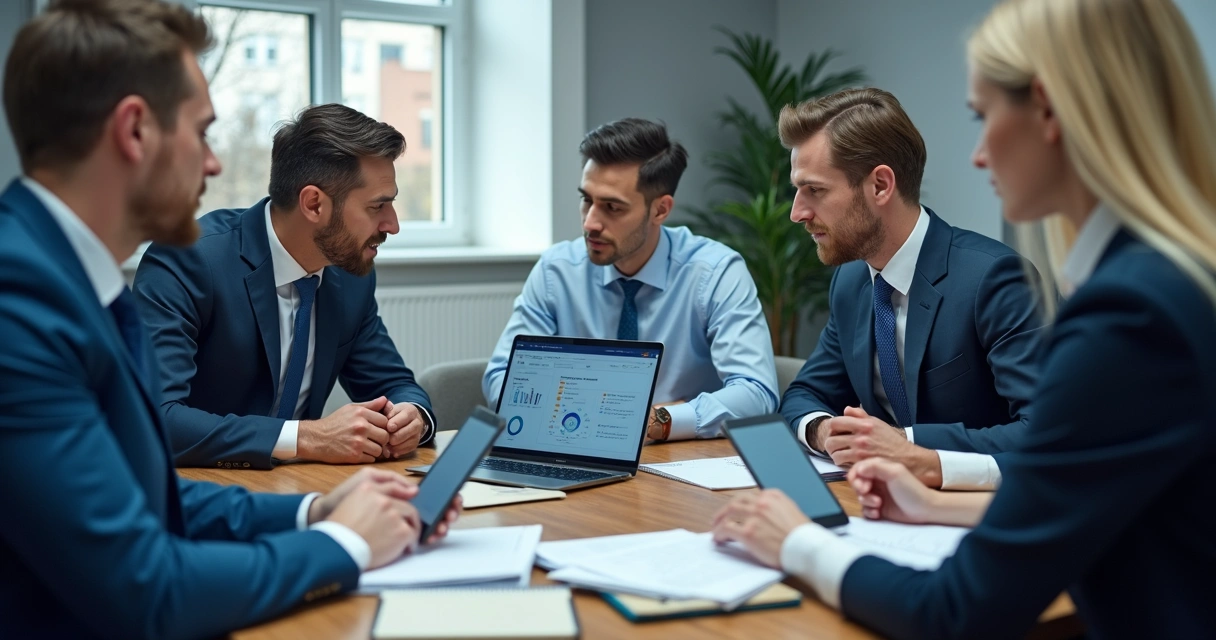 Equipe de gabinete analisando dados em notebook e celular 