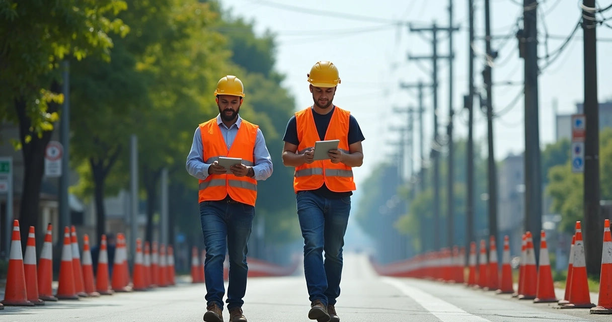 Técnicos de georreferenciamento trabalhando em rua com dispositivos GNSS 