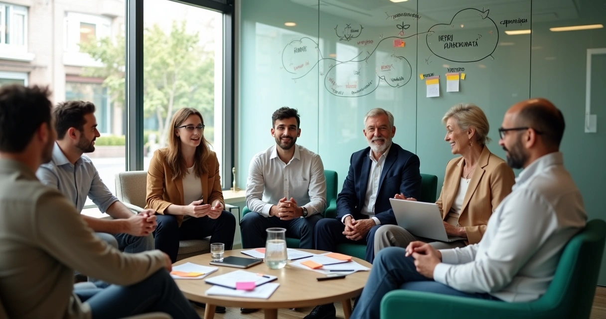 Equipe diversa de diferentes gerações reunida em círculo em reunião colaborativa 