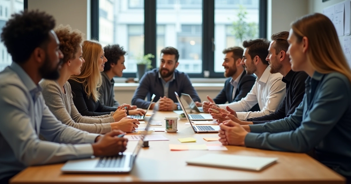 Equipe de trabalho reunida discutindo ideias em torno de uma mesa 