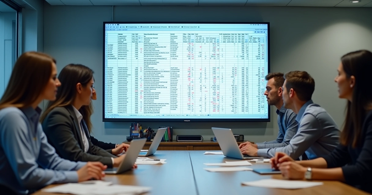 Equipe de gestão preocupada analisando erros em planilhas 