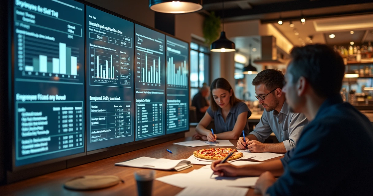 Equipe de gerenciamento de restaurante analisando dados em uma tela grande 