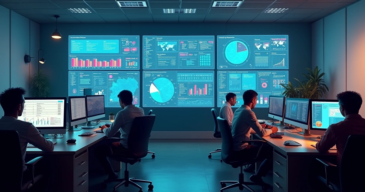 Equipe de atendimento monitorando conversas digitais em grandes telas