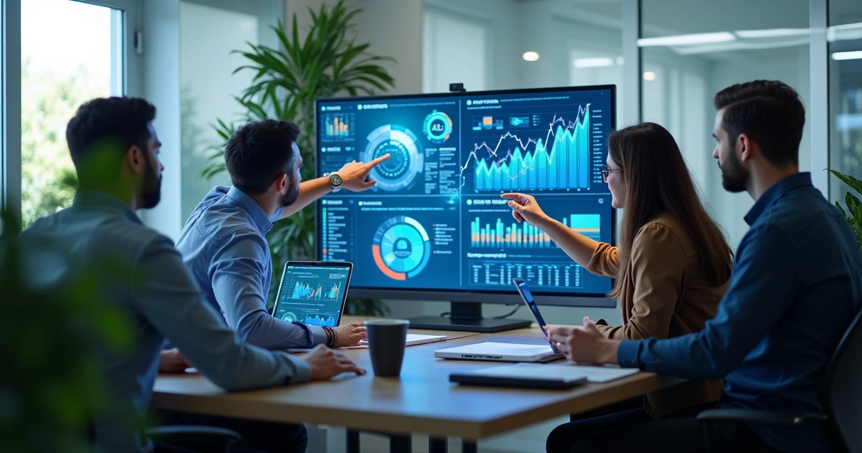 Equipe de TI analisando dados com IA na tela 