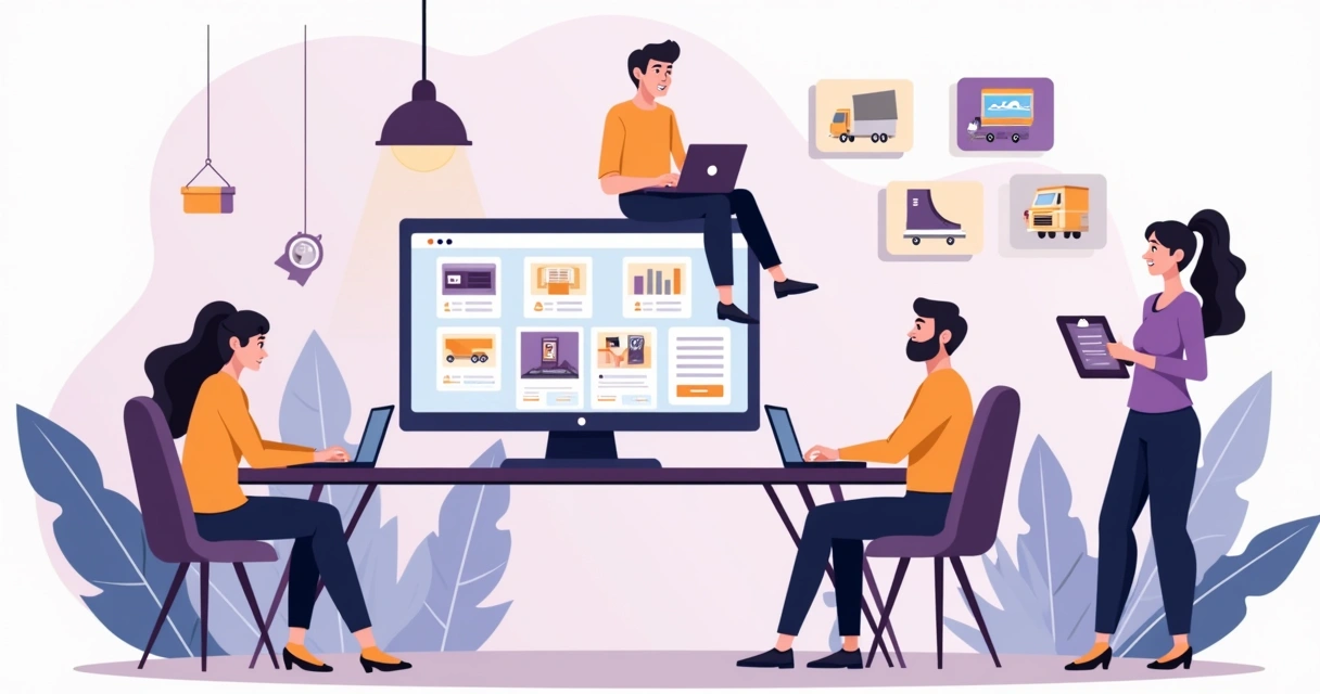 Equipe em mesa de trabalho usando computador para gerenciar pedidos online