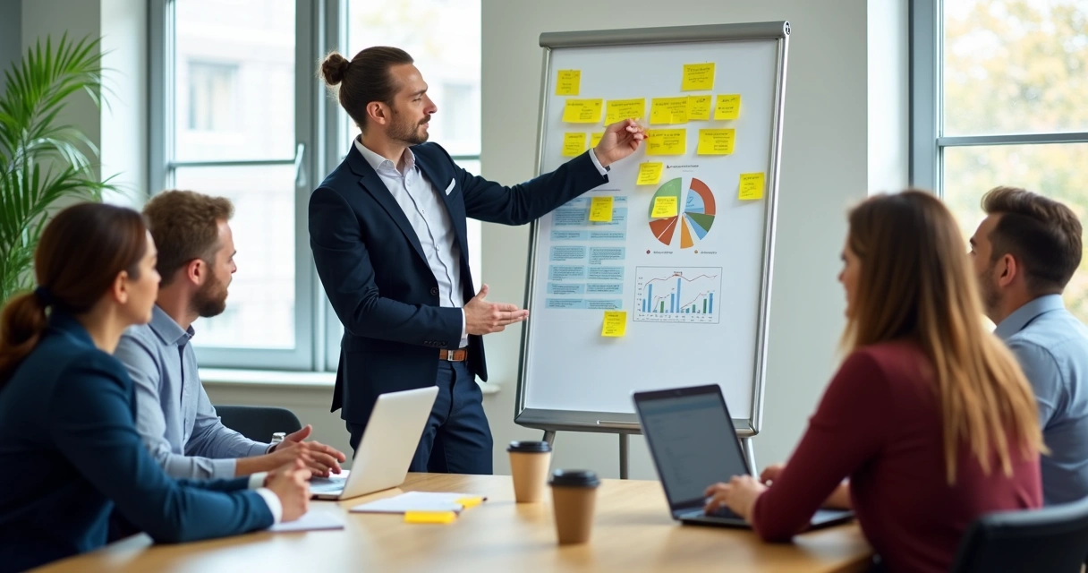 Gestor orienta equipe em reunião sobre feedbacks de clientes