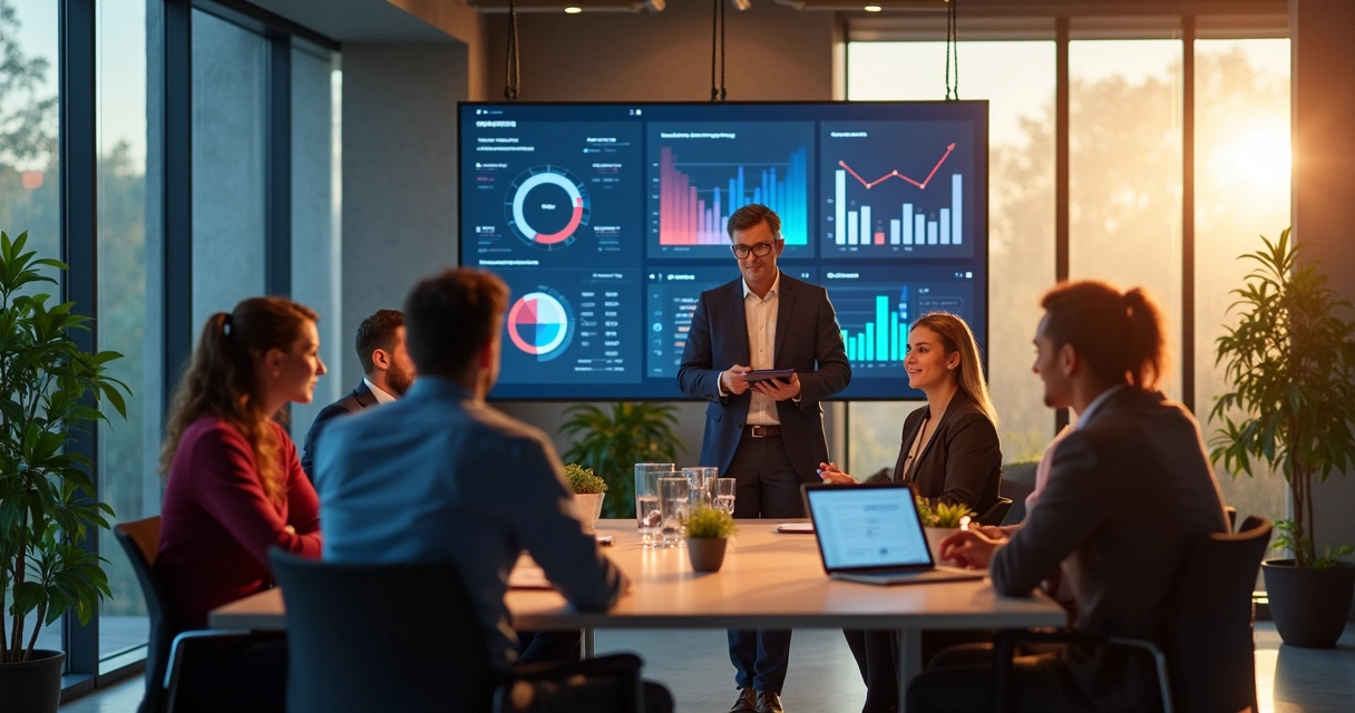 Equipe de trabalho reunida com gerente mostrando dados em um tablet 