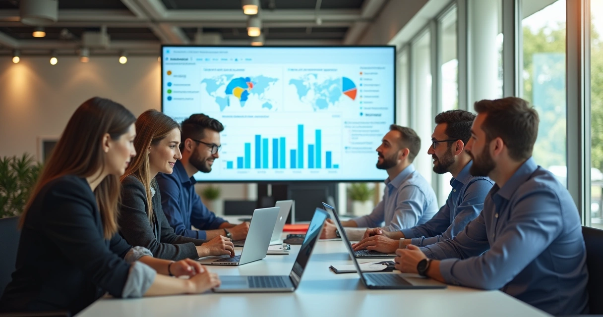 Equipe reunida discutindo gestão de aluguéis em plataforma digital 