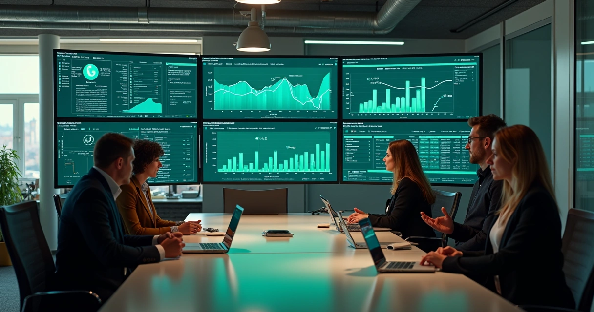Equipe de gestão analisando notificações automáticas do WhatsApp em grandes telas