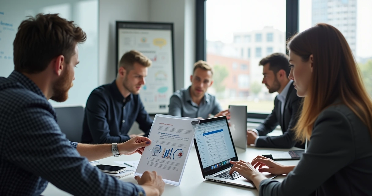 Equipe avaliando opções de antivírus em reunião