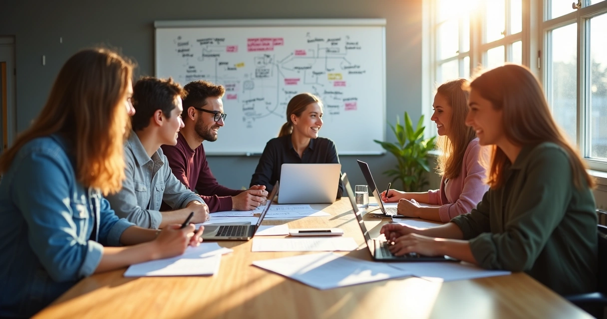 Equipe reunida planejando campanha com microinfluenciadores 