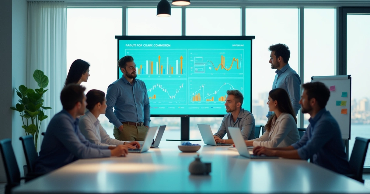 Equipe reunida analisando dashboards de PRM e CRM em uma tela grande, com gráficos de performance e comissionamento. 