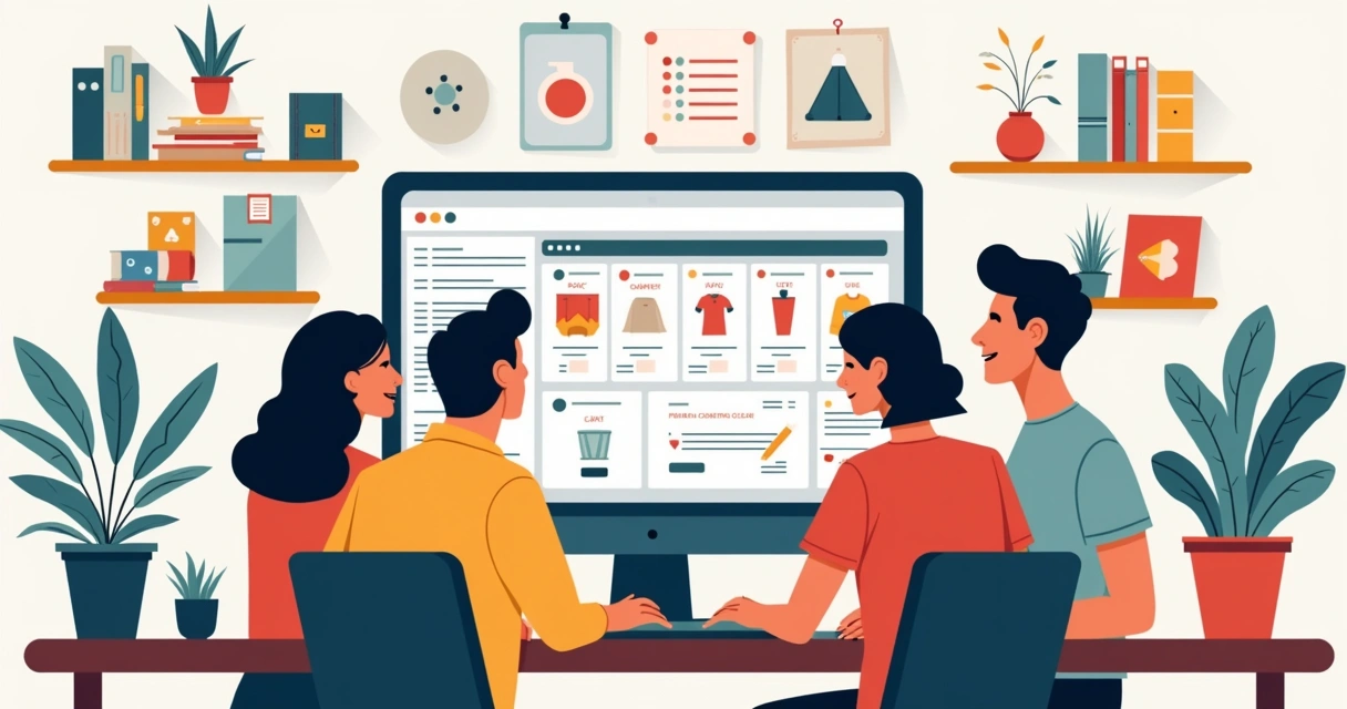 Equipe de papelaria gerenciando catálogo digital juntos em computador 