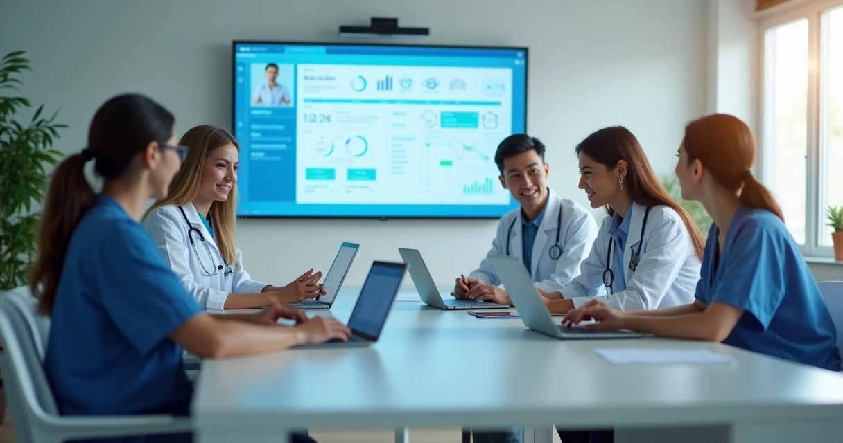Equipe de clínica médica reunida em sala com tablets e computadores revisando dados digitais 