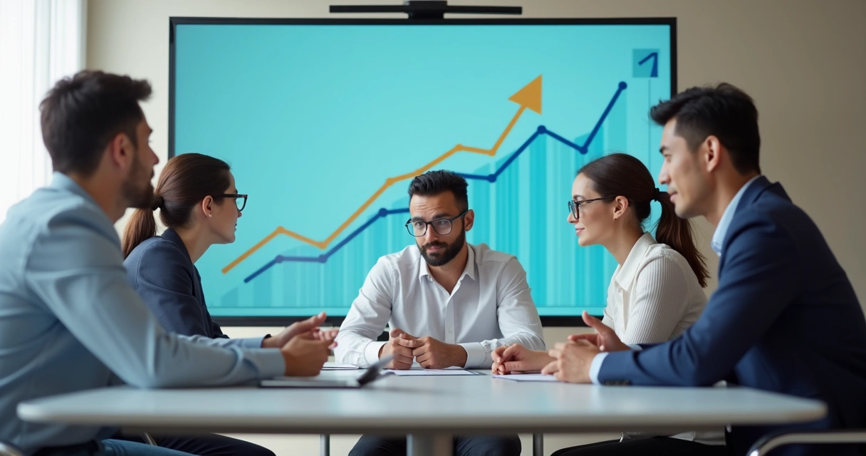 Equipe de projeto discutindo conflito em ambiente de trabalho, gráficos de evolução ao fundo