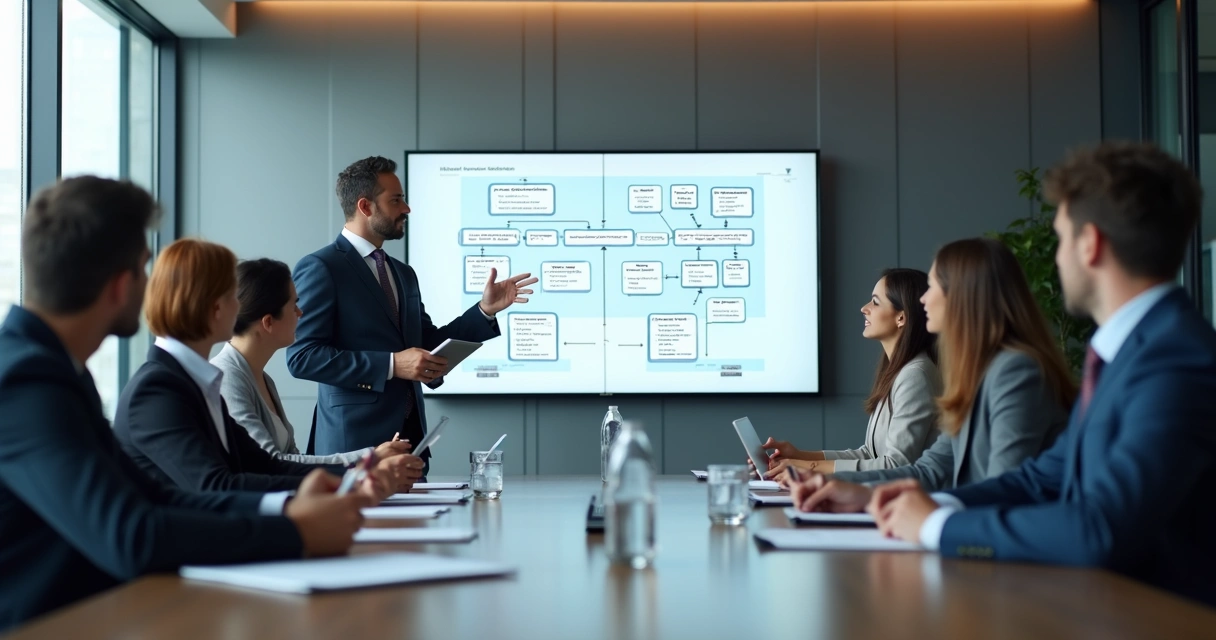 Equipe reunida em reunião de governança de dados 