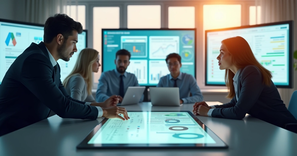 Equipe empresarial reunida em uma mesa analisando documentos digitais