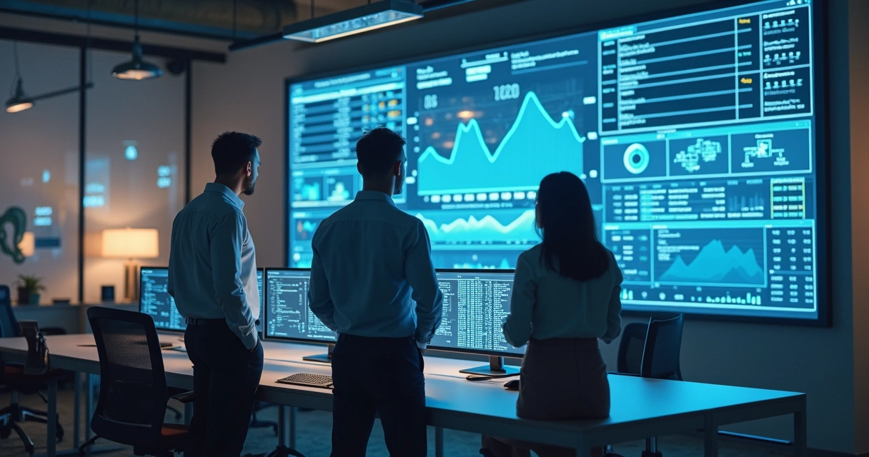 Equipe diversificada em uma reunião avaliando telas de vendas online 