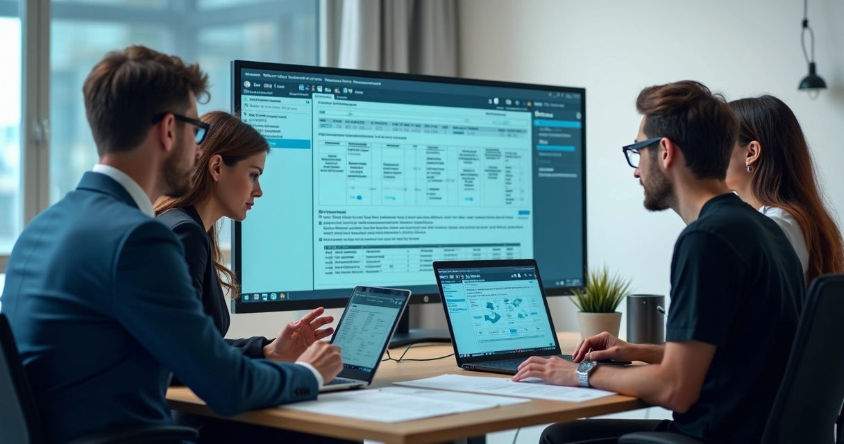 Equipe de trabalho usando software de gestão fiscal em ambiente empresarial 