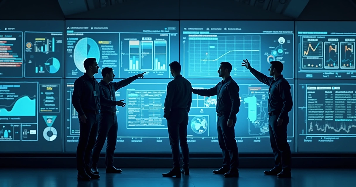 Equipe industrial reunida revisando indicadores de manutenção em uma sala de controle 