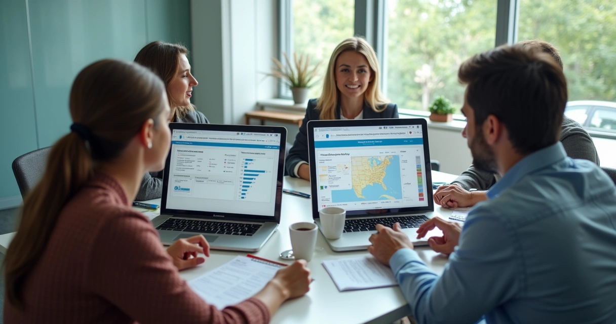 Equipe de gabinete em treinamento com sistema político no notebook 