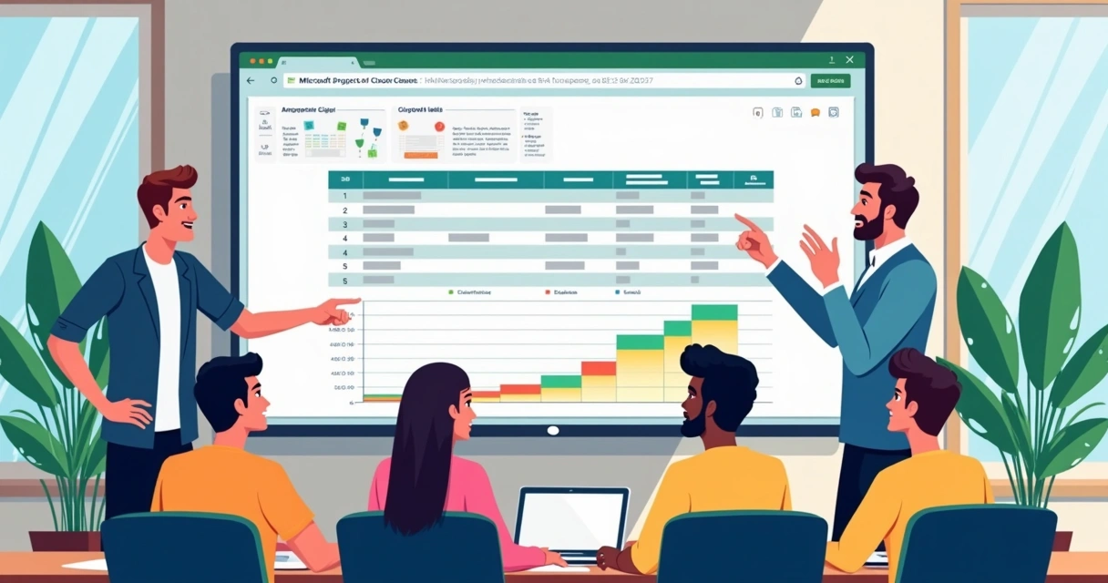 Equipe de gestão de projetos colaborando ao redor de tela do MS Project 