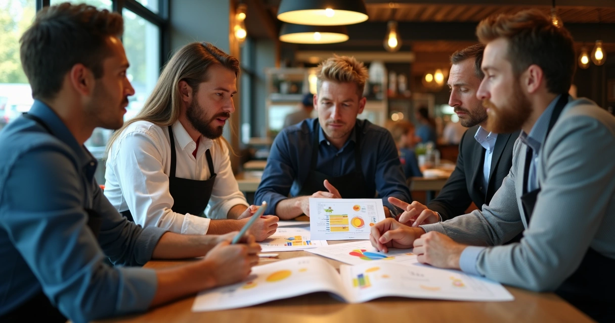 Equipe de gestão reunida em restaurante 