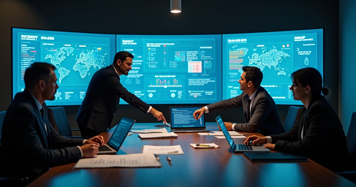 Equipe em sala de controle definindo SLA para respostas a alertas de IoT em painel digital 