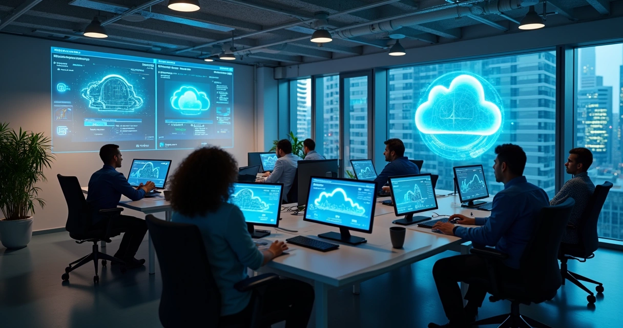 Trabalho em equipe em sala tecnológica, telas com gráficos de monitoramento 