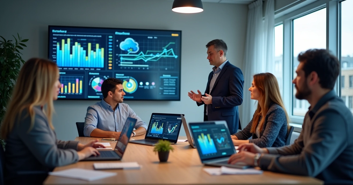 Equipe de gestão de TI reunida em sala de reunião, analisando gráficos em notebooks e lousa digital. 