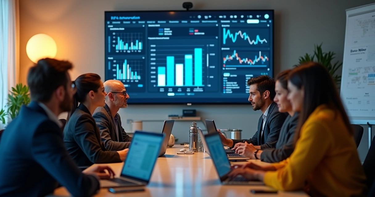 Equipe gestora discutindo plataforma fintech em sala de reunião moderna 